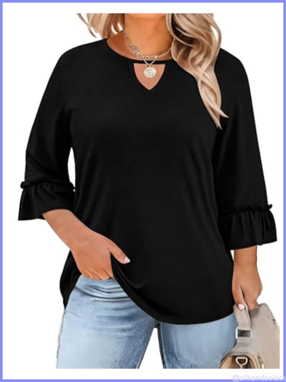 Womens Plus Size 3/4 Ruffle Sleeve Blouse Keyhole Tunic Top